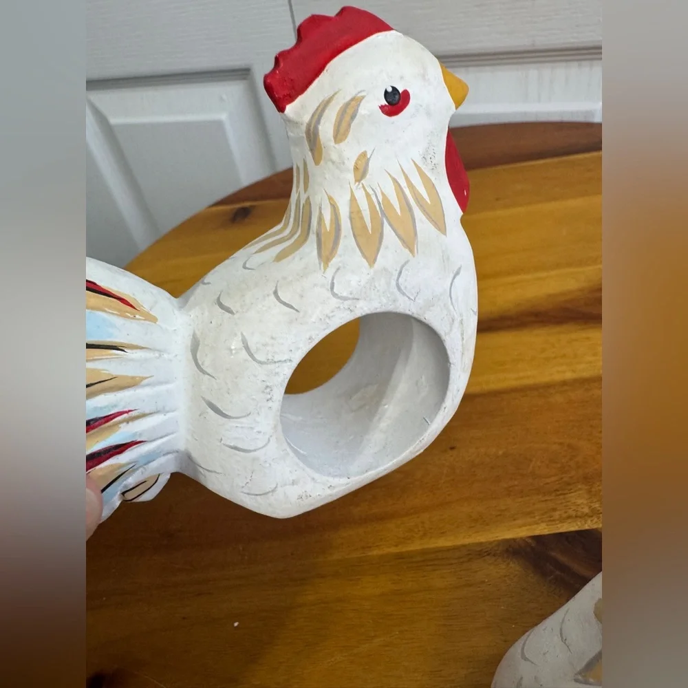 Vintage carved wood hand painted rooster napkin rings‎ set of 2
